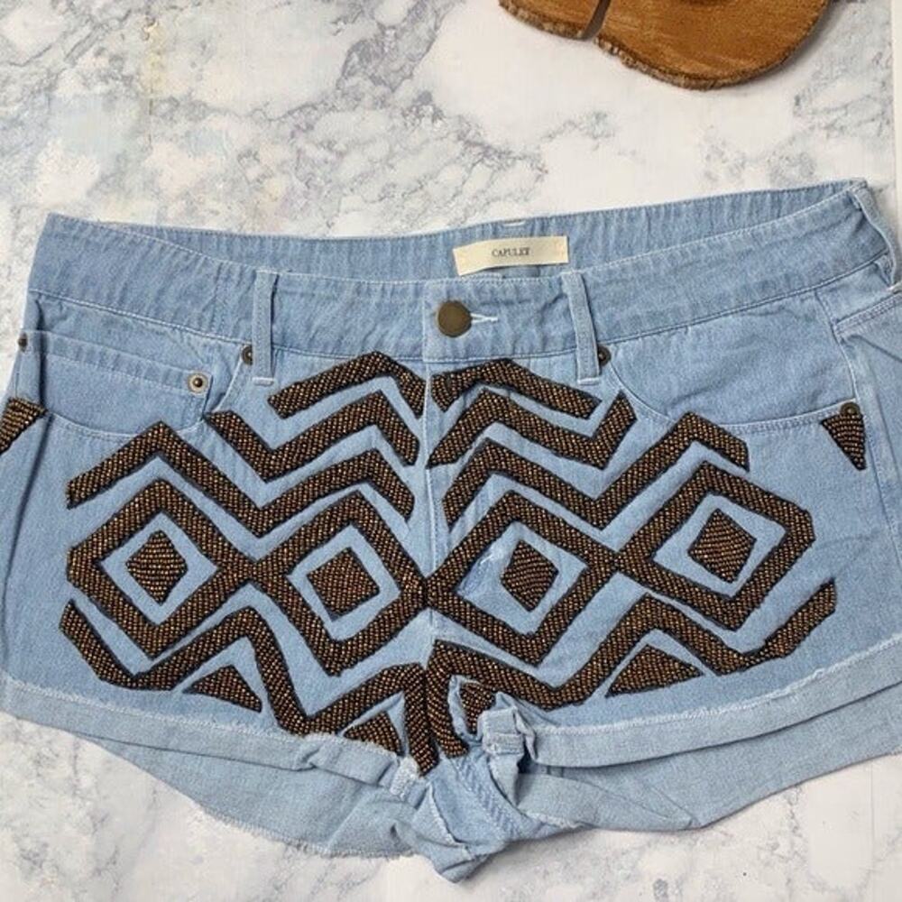 Capulet Bronze Beaded Geometric Pattern Blue Jean Denim Shorts 32" waist